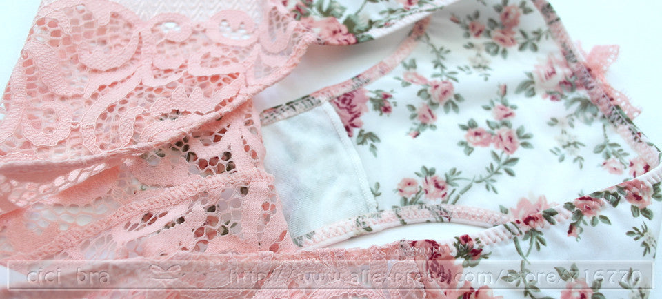 2 Piece Silk Lace Floral Push up Bow Bra and Hollow out Panties The Clothing Company Sydney