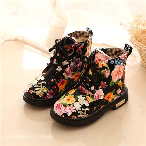Comfy Kids Floral Martin Elegant Flower Print PU Leather Shoes Rubber Boots For Girls The Clothing Company Sydney