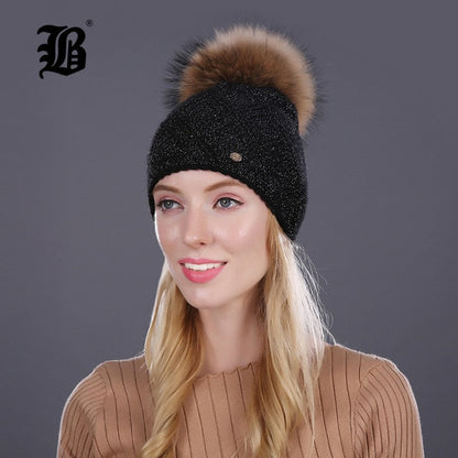 Winter fur Beanie cap women's cashmere wool cotton Big Real Raccoon fur pom poms fur winter hat The Clothing Company Sydney