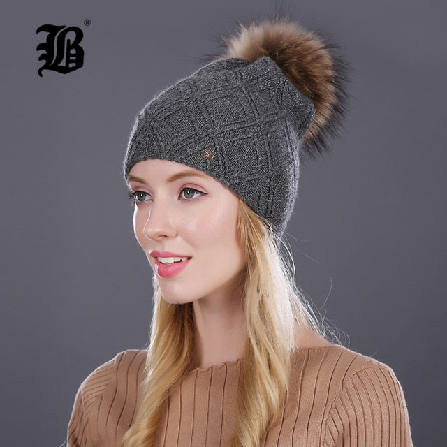 Winter fur Beanie cap women's cashmere wool cotton Big Real Raccoon fur pom poms fur winter hat The Clothing Company Sydney