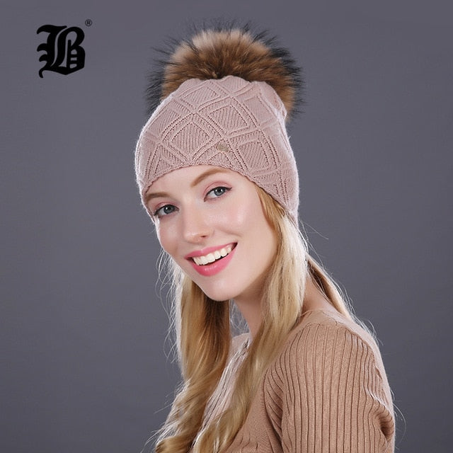 Winter fur Beanie cap women's cashmere wool cotton Big Real Raccoon fur pom poms fur winter hat The Clothing Company Sydney