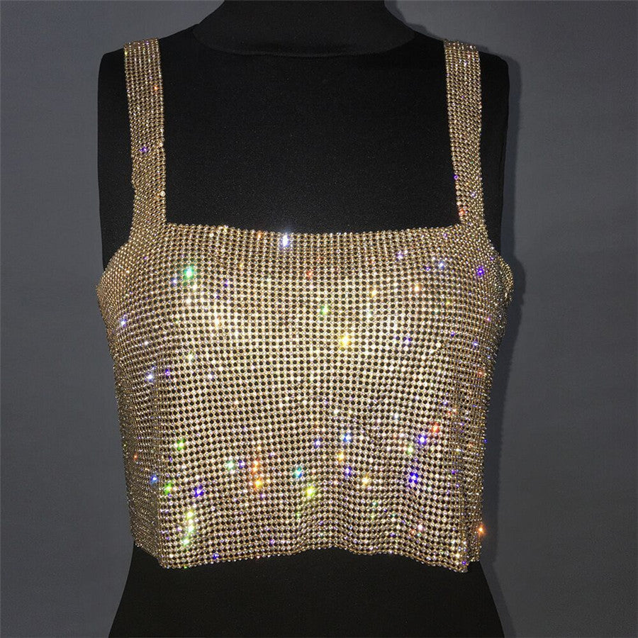 Backless Rhinestone Metal Crystal Diamonds Sequined Night Club Party Wear Crop  Top