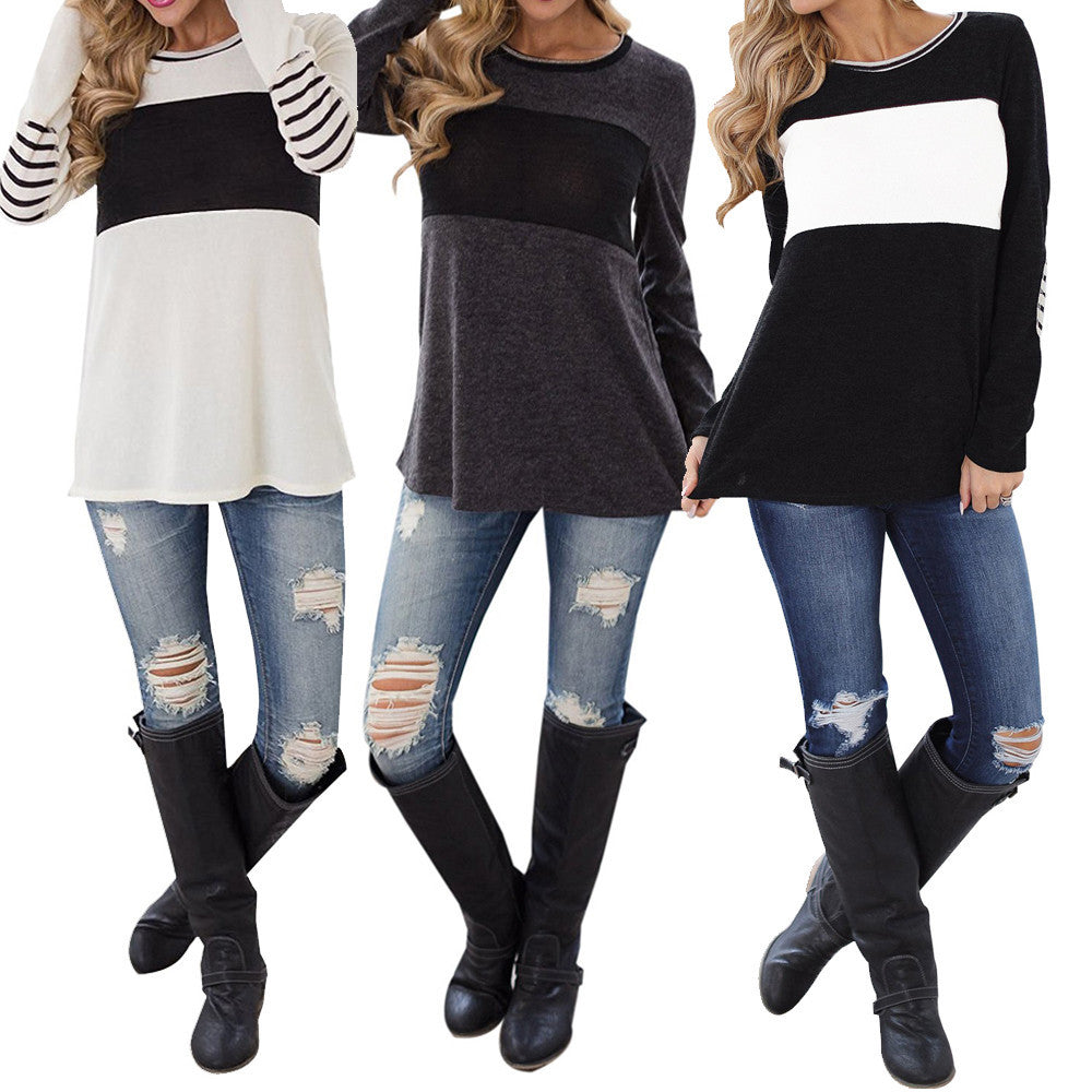 Women's Long Sleeve Round Neck Elbow Patched Colour Block Stripe Shirt Top The Clothing Company Sydney