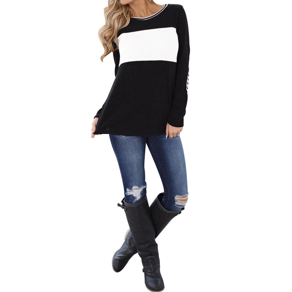 Women's Long Sleeve Round Neck Elbow Patched Colour Block Stripe Shirt Top The Clothing Company Sydney