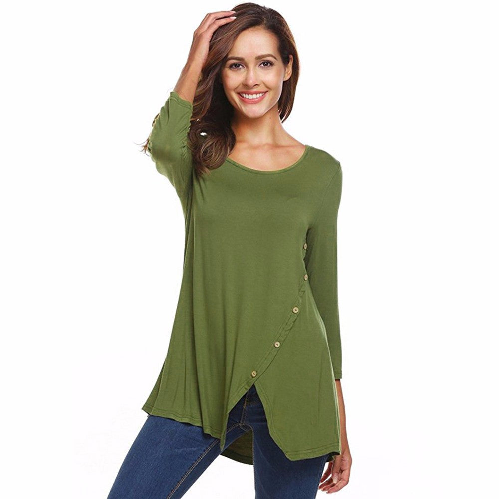 Split Hemline Asymmetric Casual T-Shirt Blouse Tunic Top With Buttons The Clothing Company Sydney