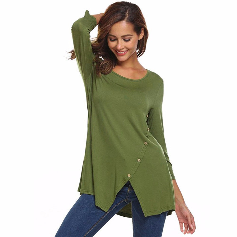 Split Hemline Asymmetric Casual T-Shirt Blouse Tunic Top With Buttons The Clothing Company Sydney