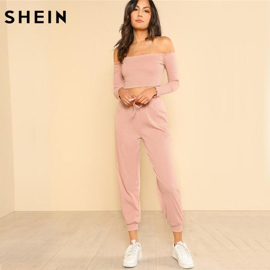 2 Piece Set Top and Pants Set Pink Off the Shoulder Crop Bardot Top and Drawstring Pants Set The Clothing Company Sydney