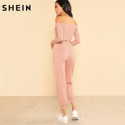 2 Piece Set Top and Pants Set Pink Off the Shoulder Crop Bardot Top and Drawstring Pants Set The Clothing Company Sydney