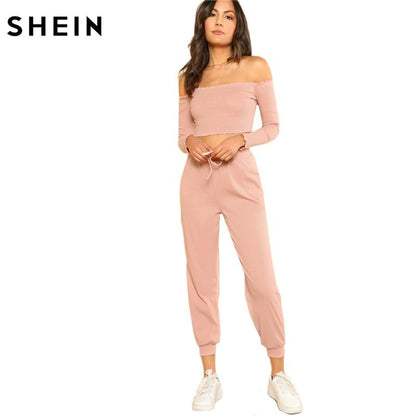 2 Piece Set Top and Pants Set Pink Off the Shoulder Crop Bardot Top and Drawstring Pants Set The Clothing Company Sydney