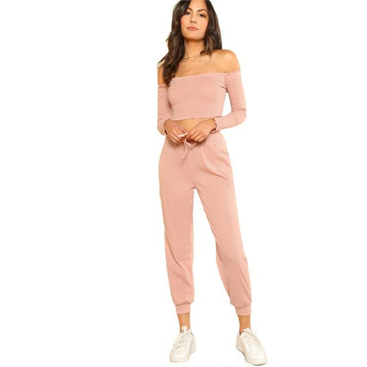 2 Piece Set Top and Pants Set Pink Off the Shoulder Crop Bardot Top and Drawstring Pants Set The Clothing Company Sydney