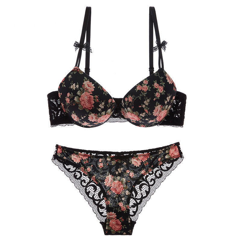 2 Piece Silk Lace Floral Push up Bow Bra and Hollow out Panties The Clothing Company Sydney