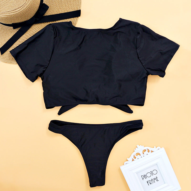 2 Piece V Neck Short Sleeve Front Knotted Tie Thong Bikini Swimsuit The Clothing Company Sydney