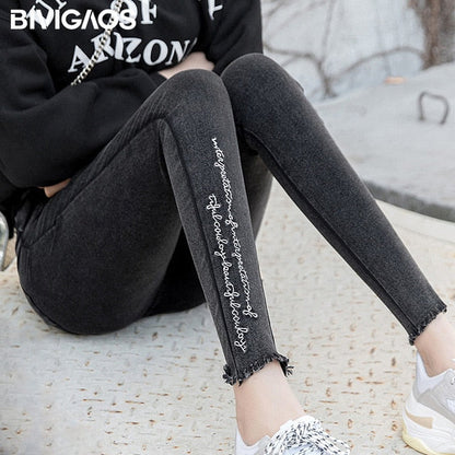 Spring Embroidered Letters Washed Jeans Leggings Skinny Slim Woven Pencil Pants Jeans Jeggings The Clothing Company Sydney