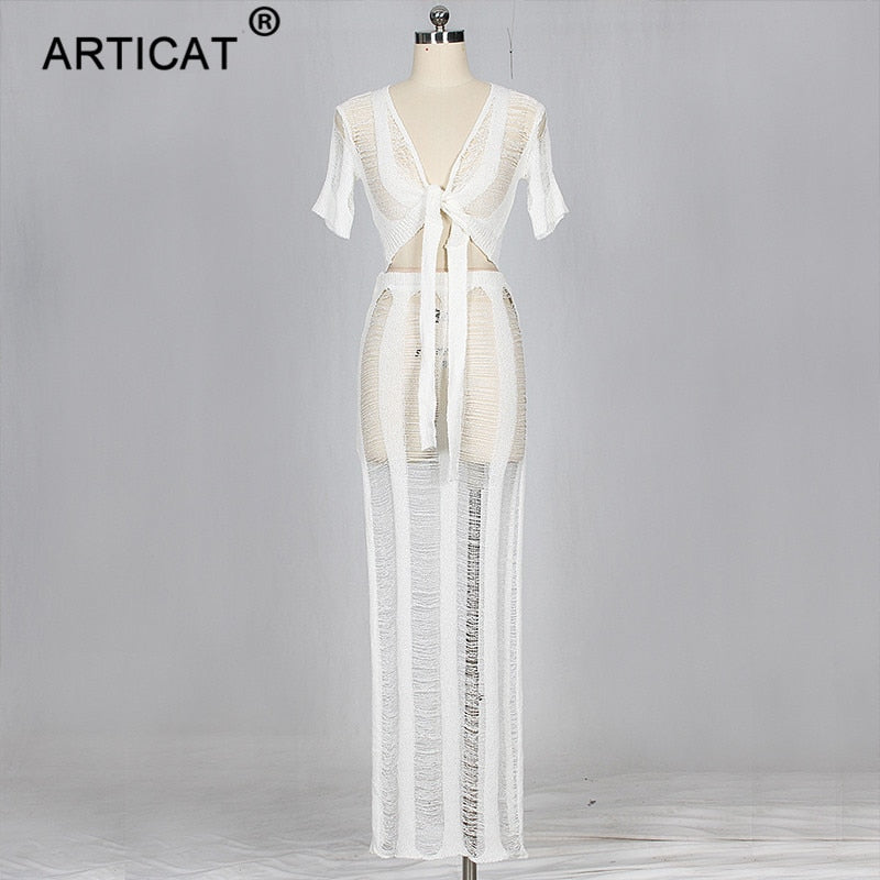 Bow Tie Hollow Out Knitted Two Piece Transparent Bandage Maxi Beach Casual Slim Summer Dress The Clothing Company Sydney