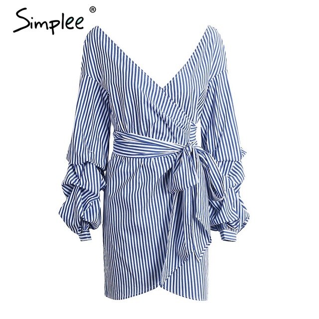 Off shoulder lantern sleeve wrap Blue stripe bow belt Autumn winter plaid shirt dress The Clothing Company Sydney