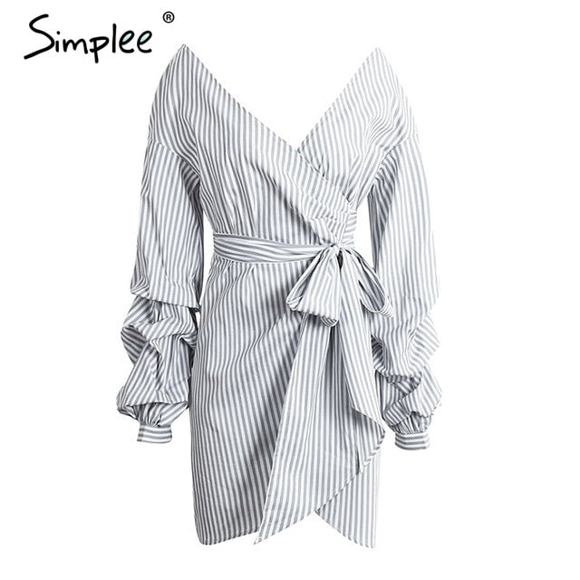 Off shoulder lantern sleeve wrap Blue stripe bow belt Autumn winter plaid shirt dress The Clothing Company Sydney