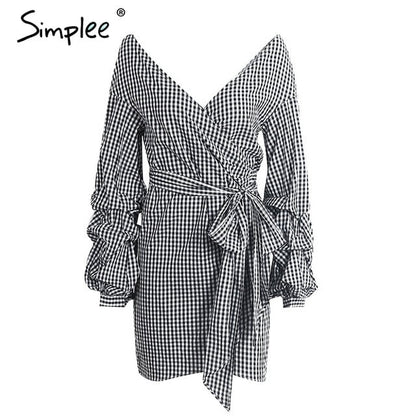 Off shoulder lantern sleeve wrap Blue stripe bow belt Autumn winter plaid shirt dress The Clothing Company Sydney