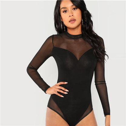 Black Solid Mock Neck Mesh Panel Skinny Long Sleeve Office Female Basic Bodysuit The Clothing Company Sydney