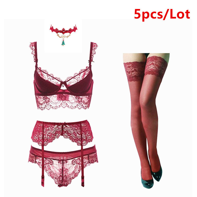 5 Piece Lingerie Lace push up bra sets bra, panties, garter, stockings and necklace set The Clothing Company Sydney