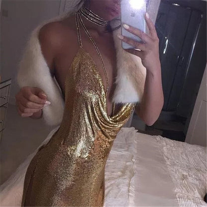 Deep v neck halter split sequined dress women solid backless rhinestone chain party metal dress The Clothing Company Sydney