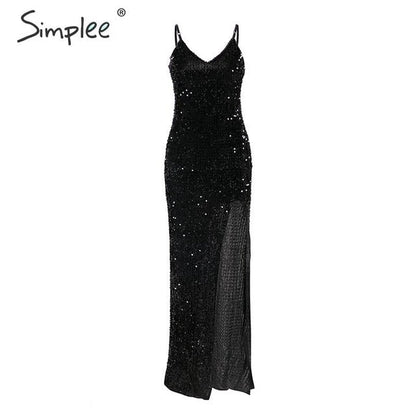 V-neck sequined long dress Spaghetti strap split plus size Elegant bodycon party Dress The Clothing Company Sydney