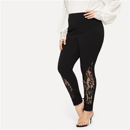 Black Casual Elastic Mid Waist Sheer Lace Insert Pencil Pants Slim Fit Skinny Trousers The Clothing Company Sydney