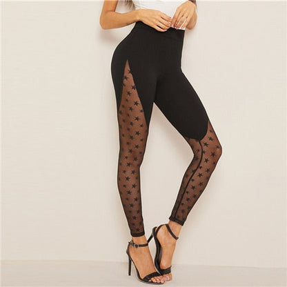 Wide Waistband Star Mesh Panel Black Contrast Mesh Sheer Spring Summer Galaxy Pattern Sexy Women Leggings The Clothing Company Sydney